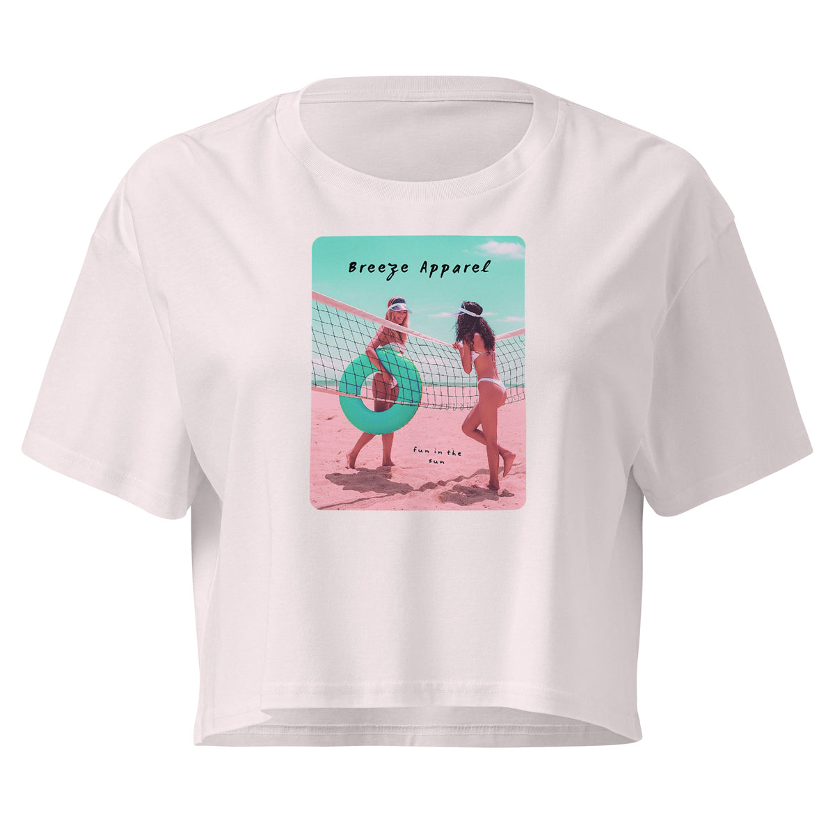 Orchid crop top with graphic of two women in bikinis talking on the beach.