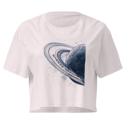 Orchid crop top with graphic of blue planet.