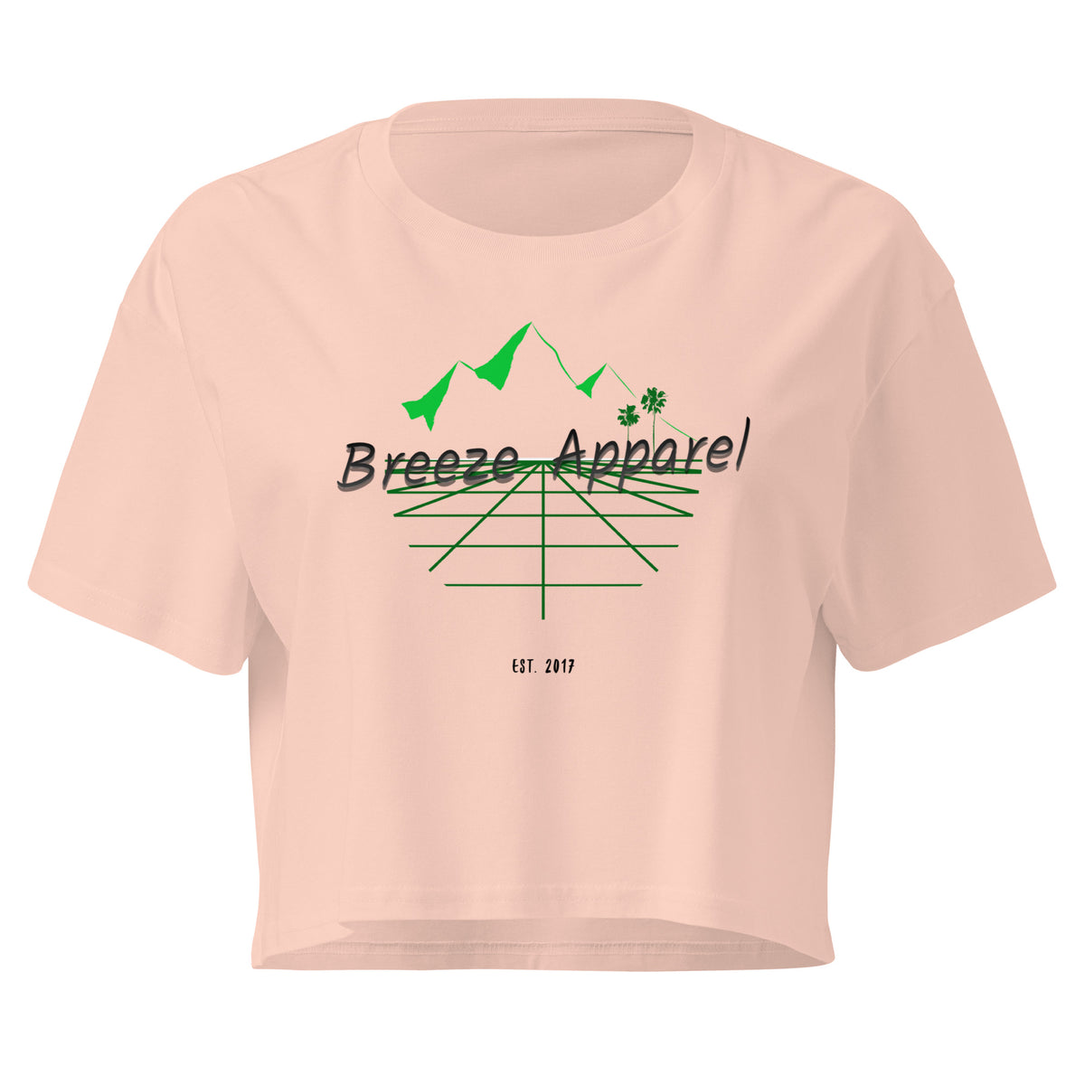Pink crop top with graphic of palm trees and mountains.