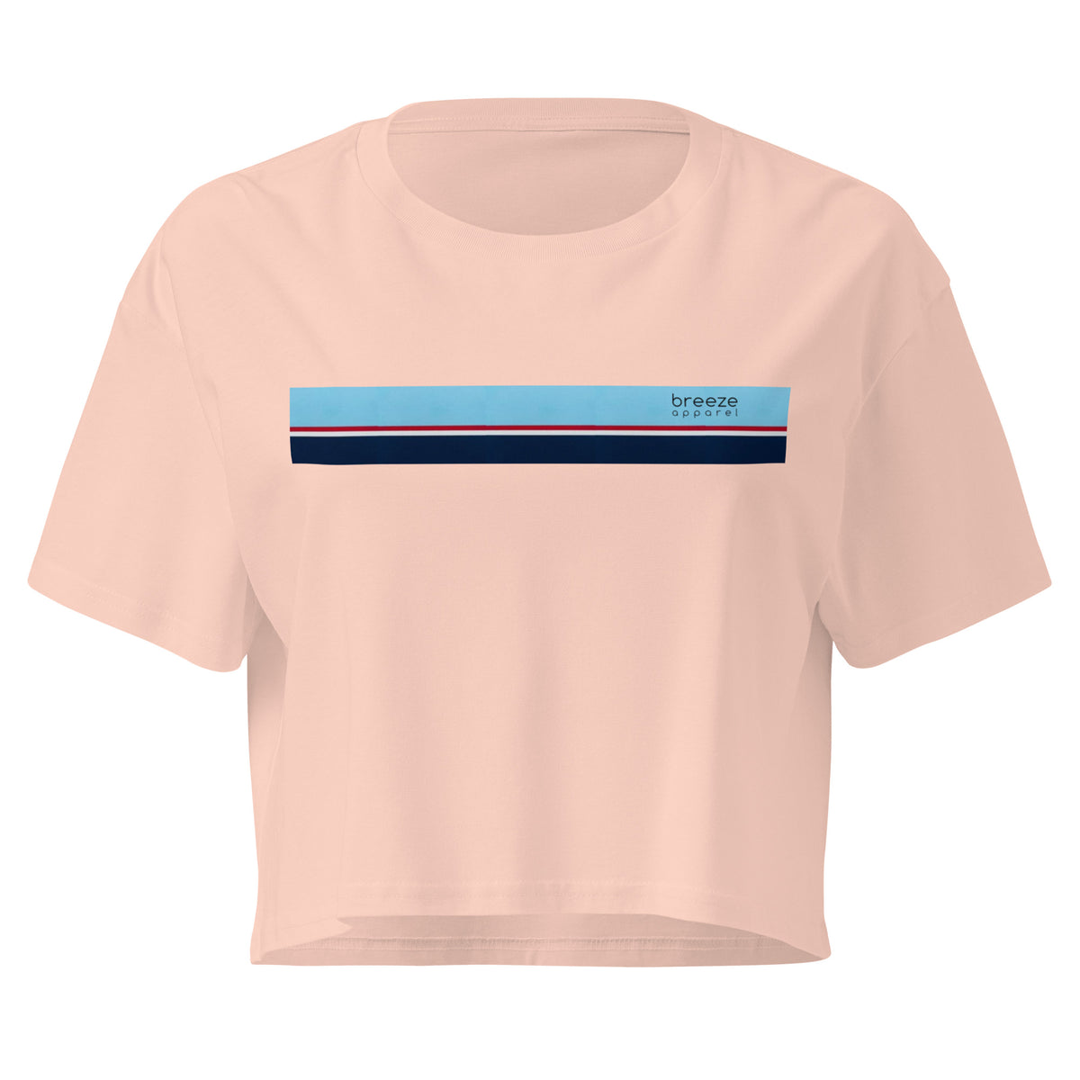 Pink crop top with horizontal stripe that's light blue, red, white, and navy.