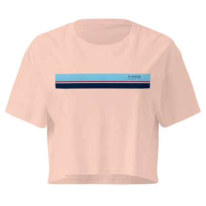 Pink crop top with horizontal stripe that's light blue, red, white, and navy.