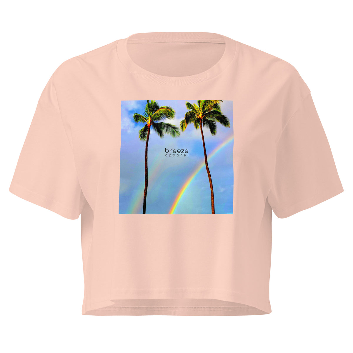 Pink crop top with graphic of palm trees and a rainbow.