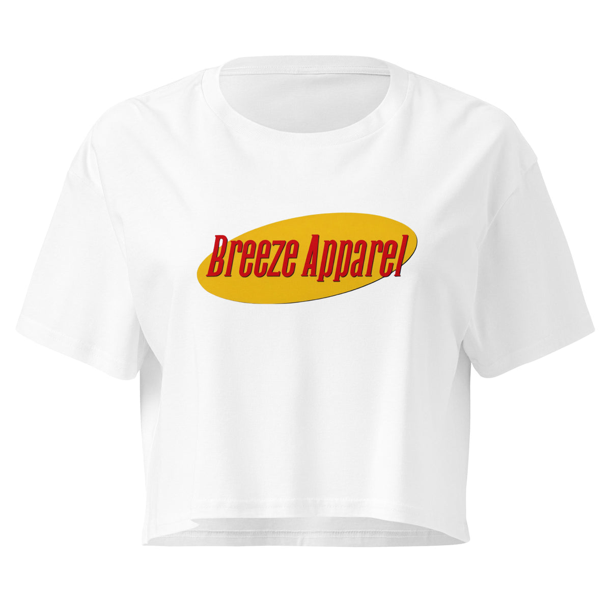 White crop top with graphic with red lettering set on a yellow oval. 