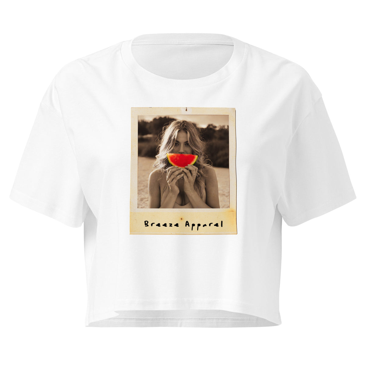 White crop top with graphic of woman holding piece of watermelon in front of her mouth.