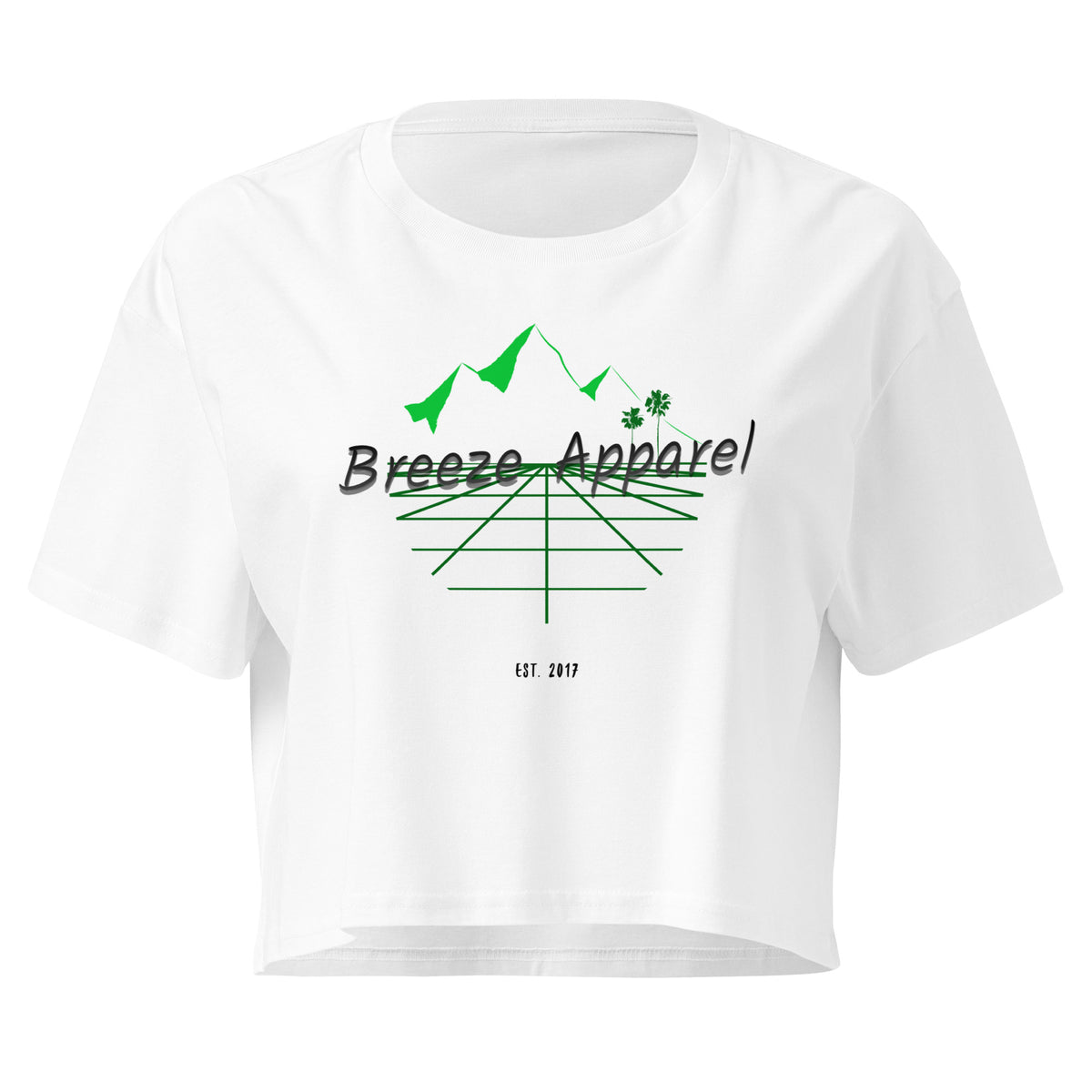 White crop top with graphic of palm trees and mountains.