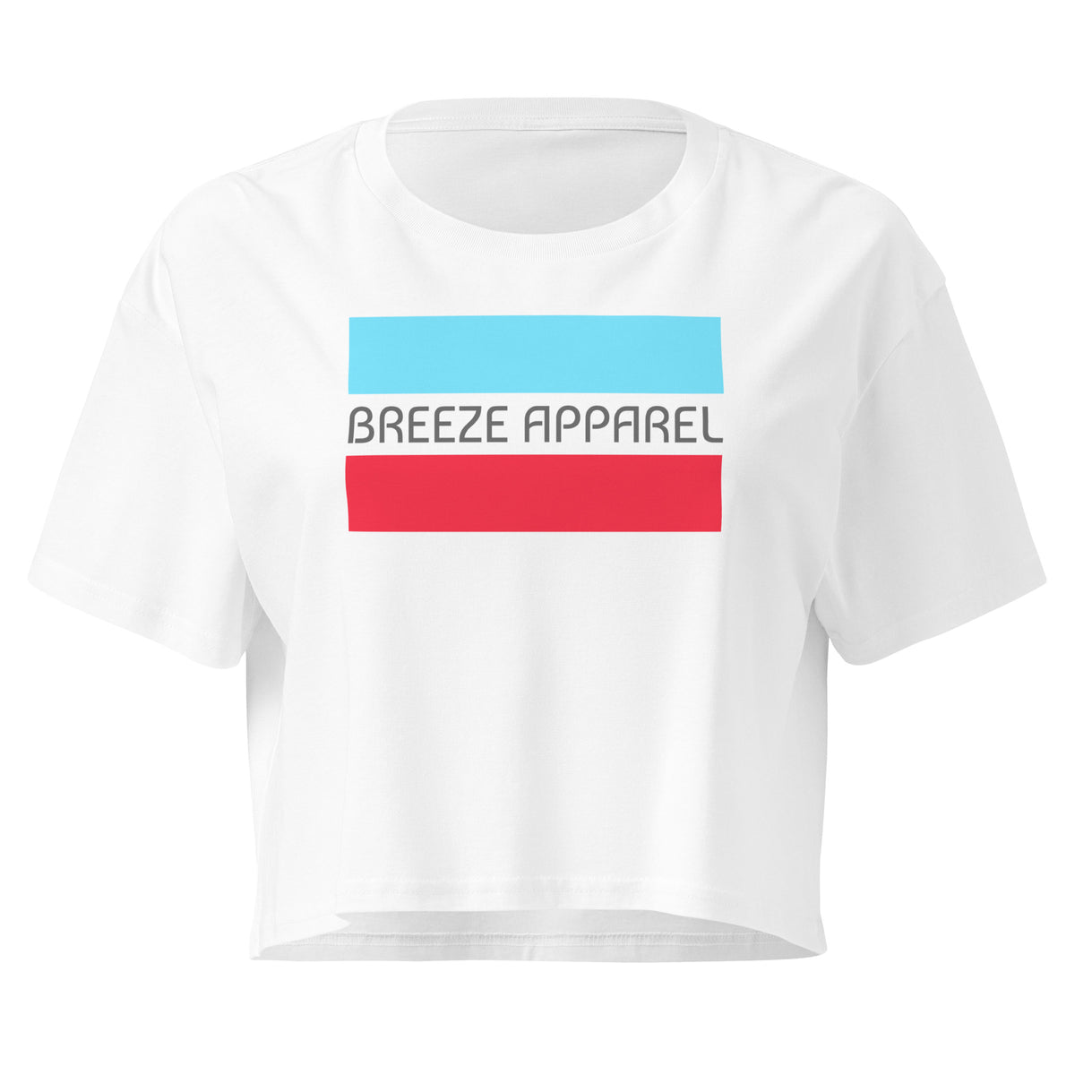 White crop top with graphic of gray lettering between blue and red horizontal bars.