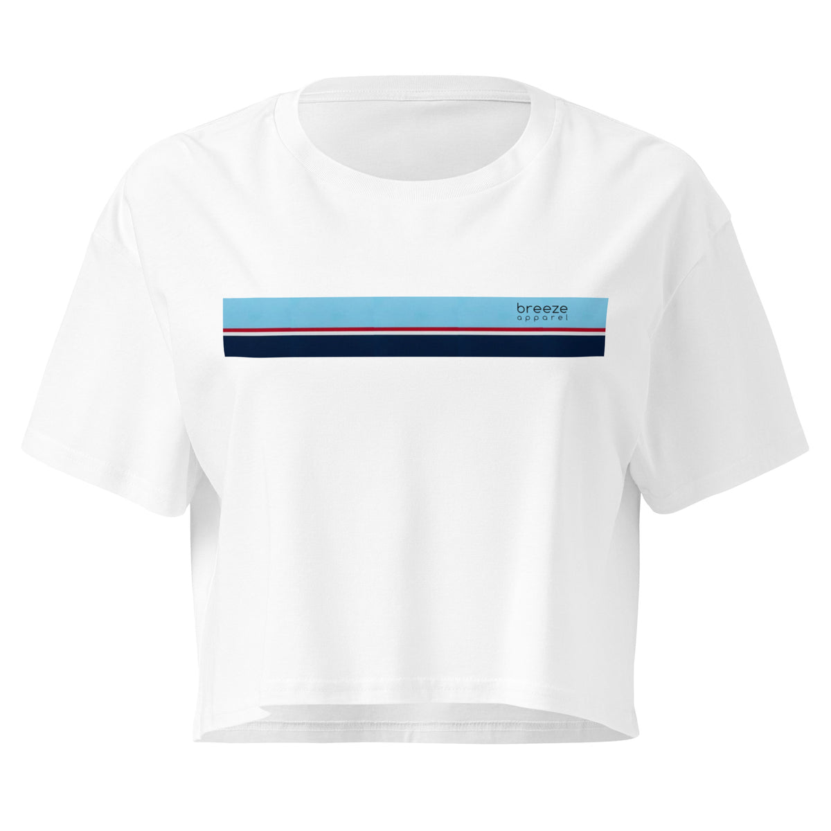 White crop top with horizontal stripe that's light blue, red, white, and navy.