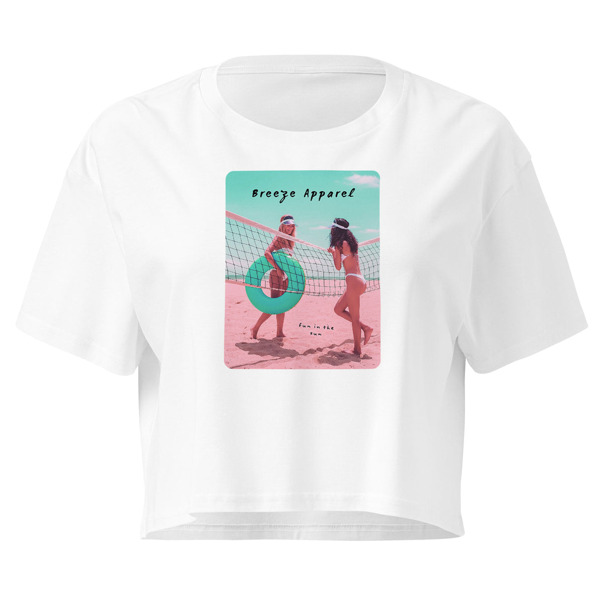 White crop top with graphic of two women in bikinis talking on the beach.