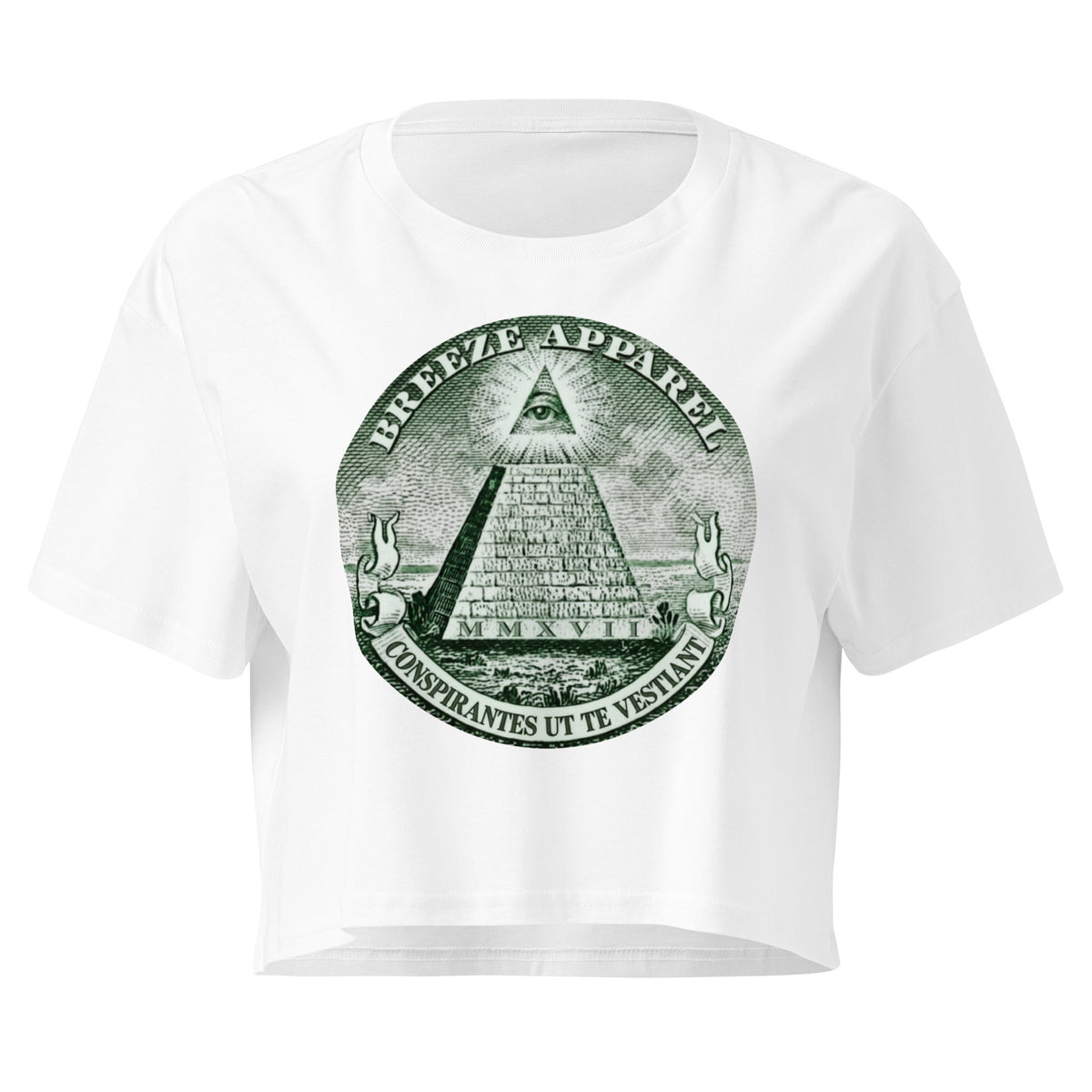 White crop top with graphic resembling pyramid from US one-dollar bill.