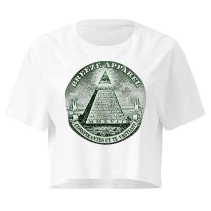 White crop top with graphic resembling pyramid from US one-dollar bill.