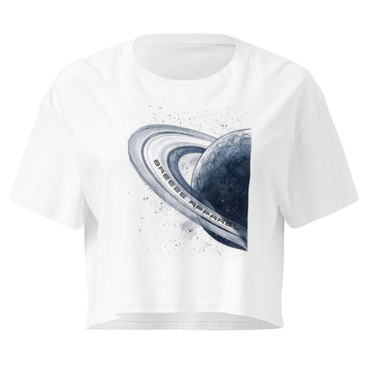 White crop top with graphic of blue planet.