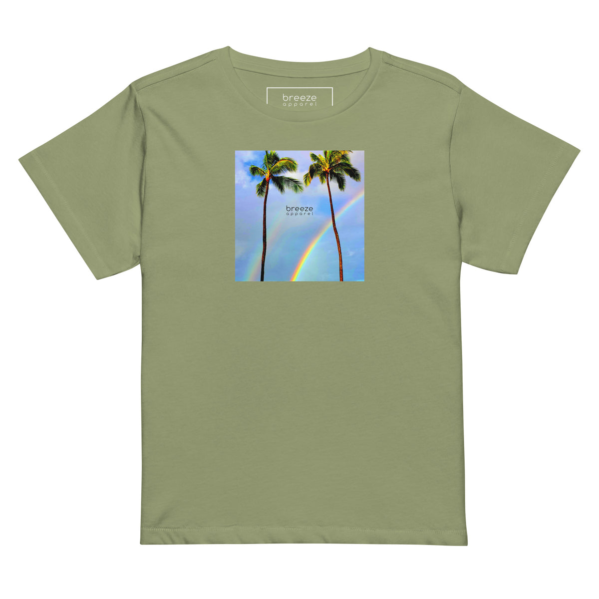 Artichoke-green t-shirt with a graphic of palm trees, rainbow, and a clear blue sky in the background. A small, black 'breeze apparel' logo is between the trees.