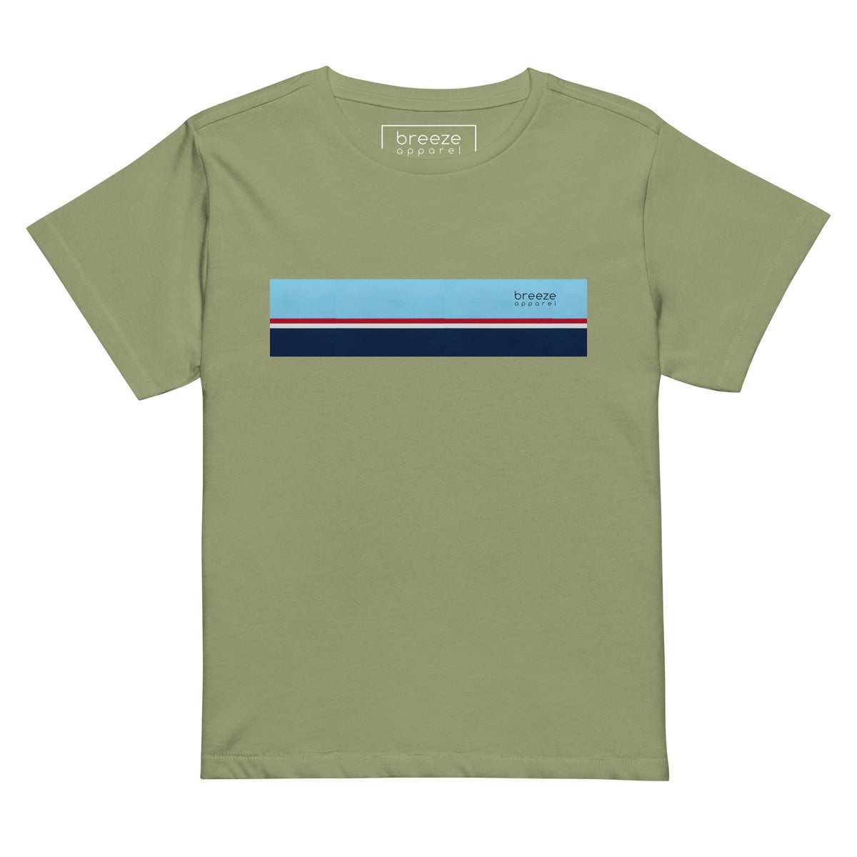 Artichoke-green t-shirt with horizontal blue, red, white, and navy stripe with small black 'breeze apparel' logo.
