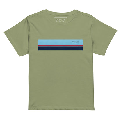 Artichoke-green t-shirt with horizontal blue, red, white, and navy stripe with small black 'breeze apparel' logo.