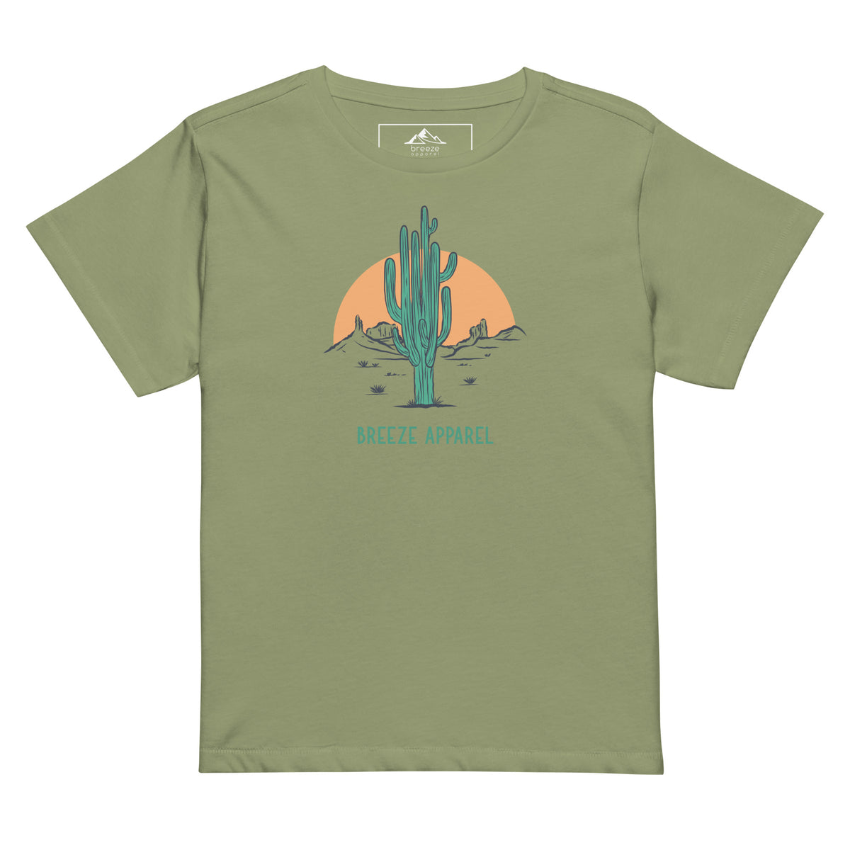 Artichoke-green t-shirt with a graphic of a cactus and sunset, with 'Breeze Apparel' written in green below.