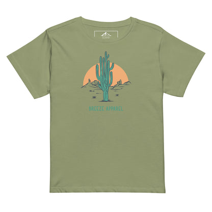 Artichoke-green t-shirt with a graphic of a cactus and sunset, with 'Breeze Apparel' written in green below.