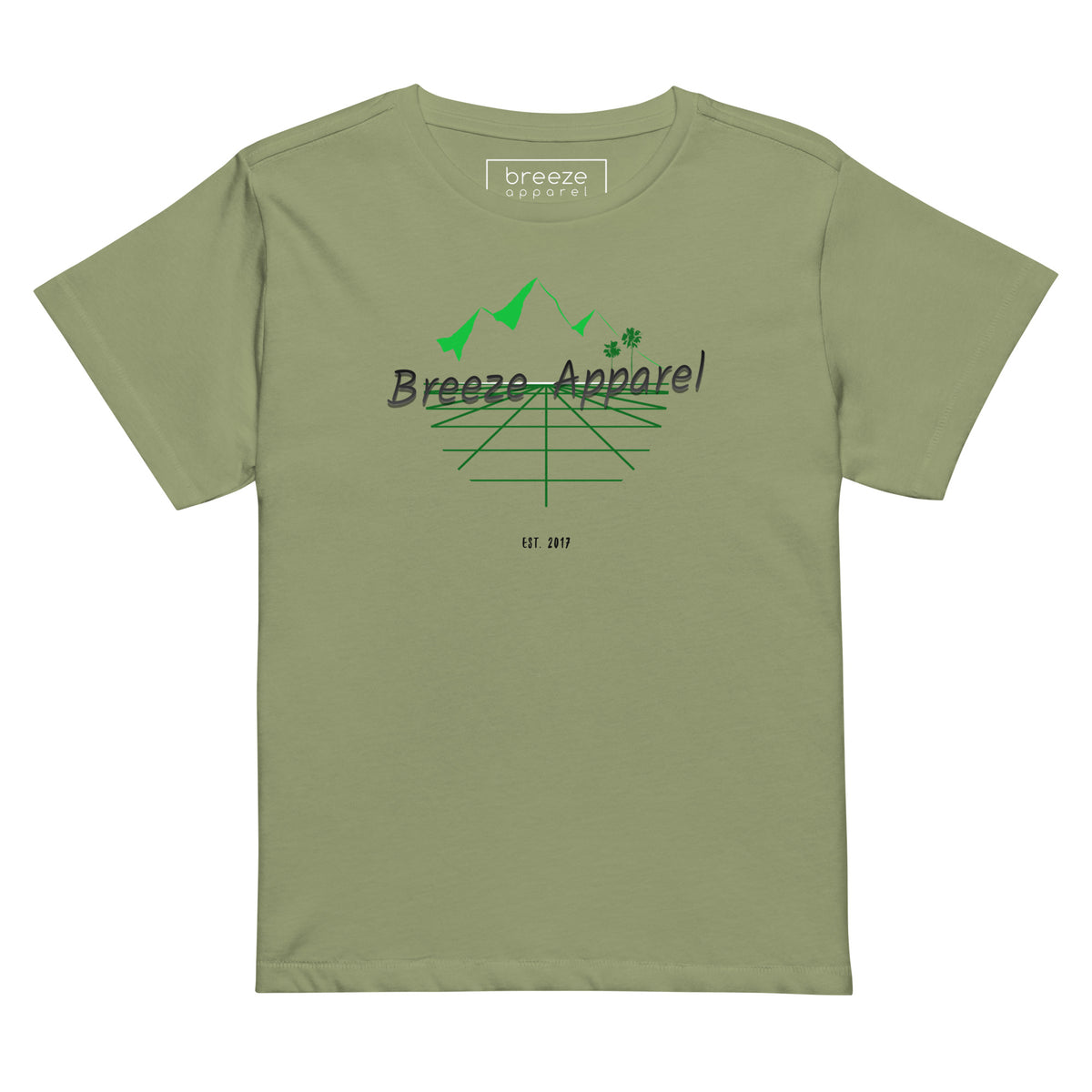 Artichoke-green t-shirt with 'Breeze Apparel' logo set on a graphic of a grid, palm trees, and mountains.