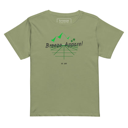 Artichoke-green t-shirt with 'Breeze Apparel' logo set on a graphic of a grid, palm trees, and mountains.