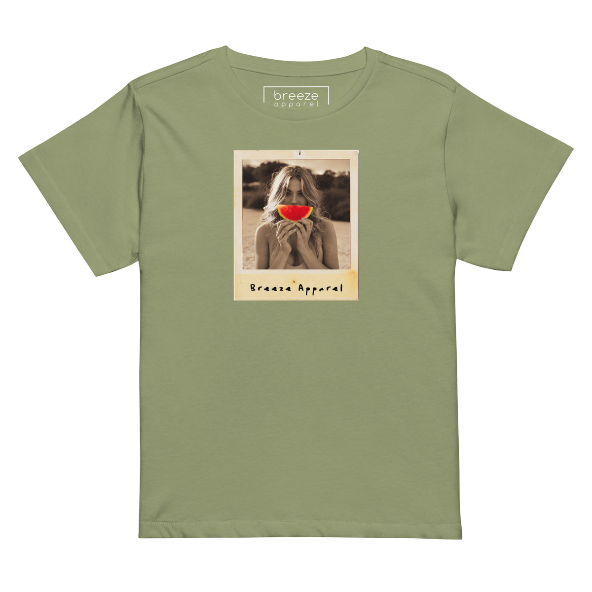 Light-green t-shirt with graphic of woman holding a watermelon slice in front of her mouth.