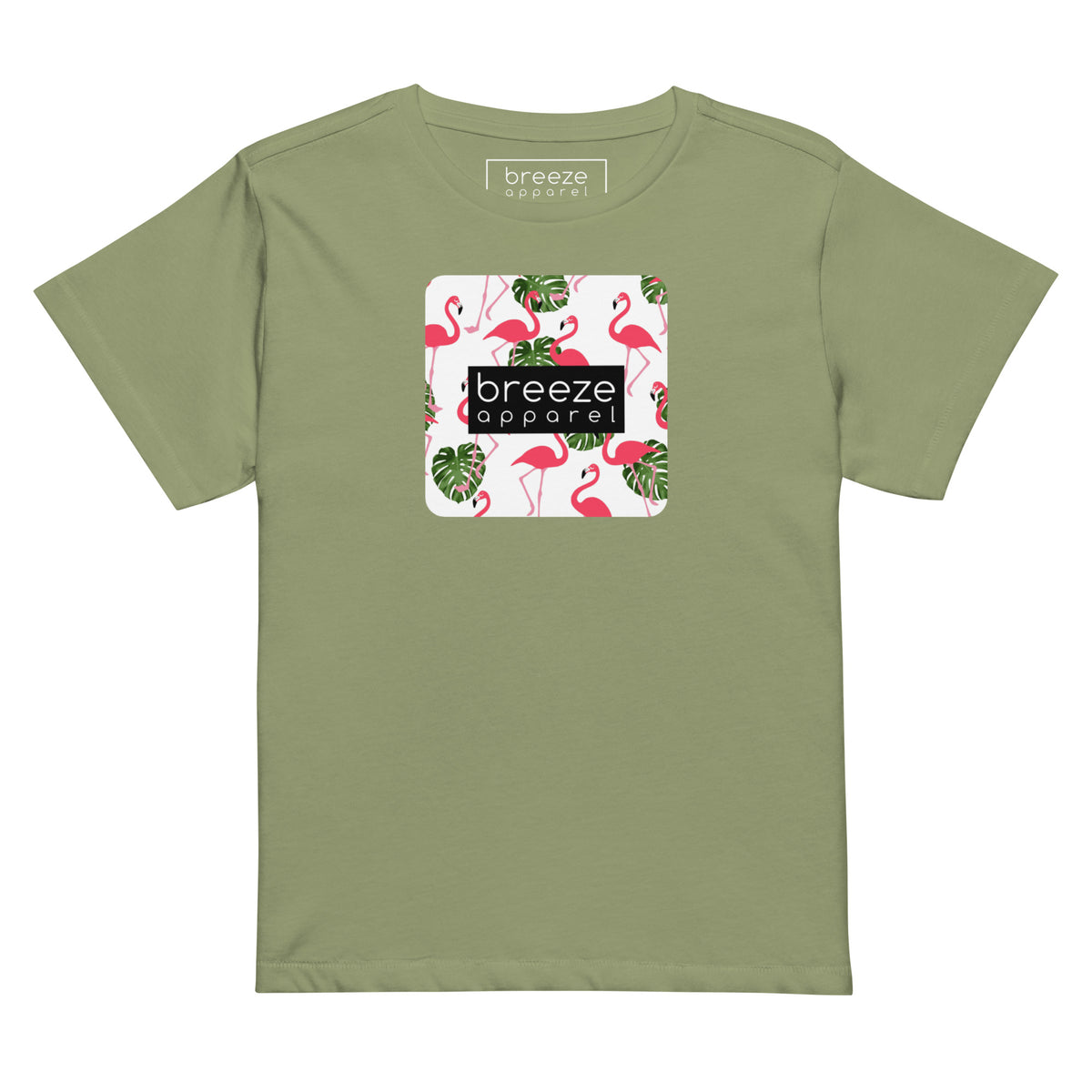 Light-green t-shirt with pattern of flamingos inside of a square, overlaid with a black box with 'breeze apparel' in white inside.