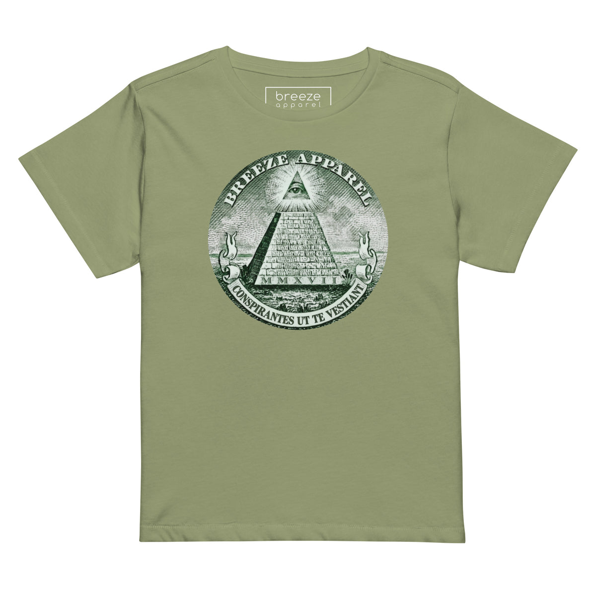 Green t-shirt with graphic resembling pyramid on US one-dollar bill.