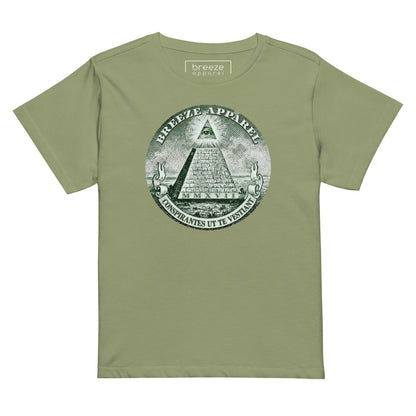 Green t-shirt with graphic resembling pyramid on US one-dollar bill.