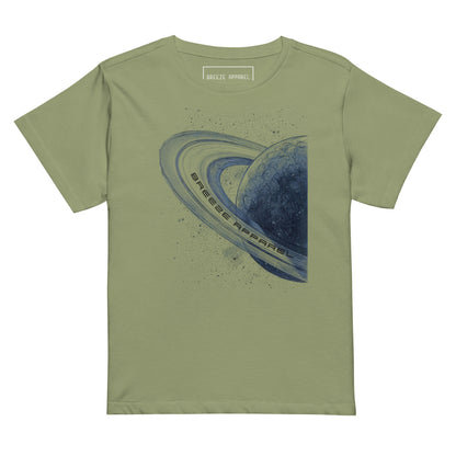 Green t-shirt with graphic of blue planet.