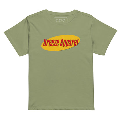 Green t-shirt with red lettering over yellow oval.