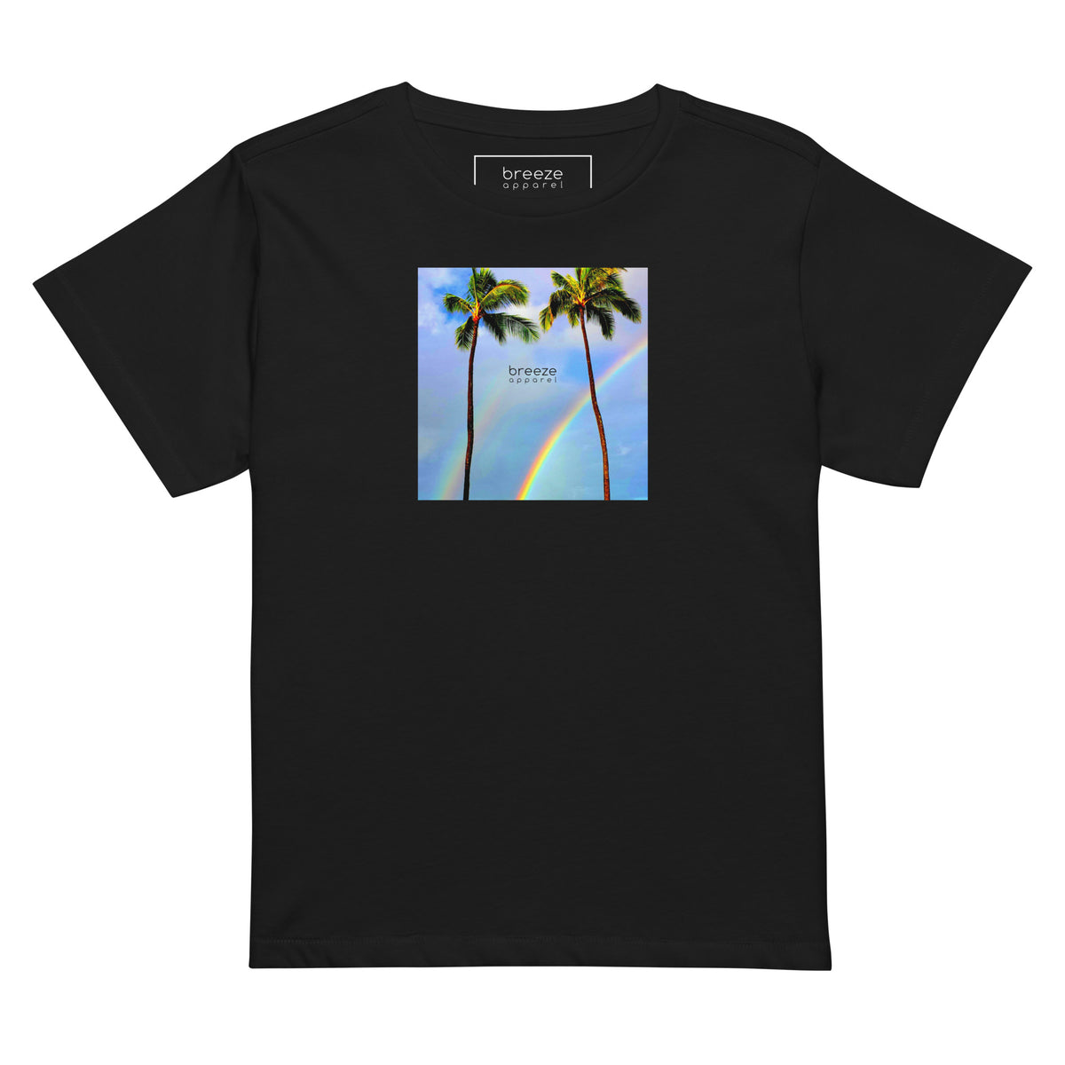 Black t-shirt with a graphic of palm trees, rainbow, and a clear blue sky in the background. A small, black 'breeze apparel' logo is between the trees.