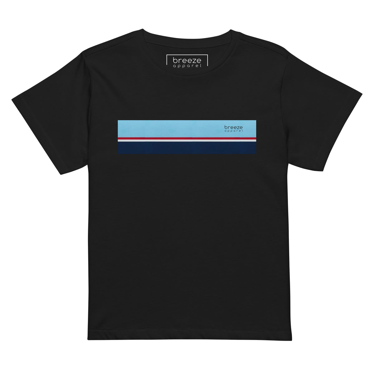 Black t-shirt with horizontal blue, red, white, and navy stripe with small black 'breeze apparel' logo.