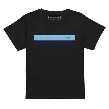 Black t-shirt with horizontal blue, red, white, and navy stripe with small black 'breeze apparel' logo.