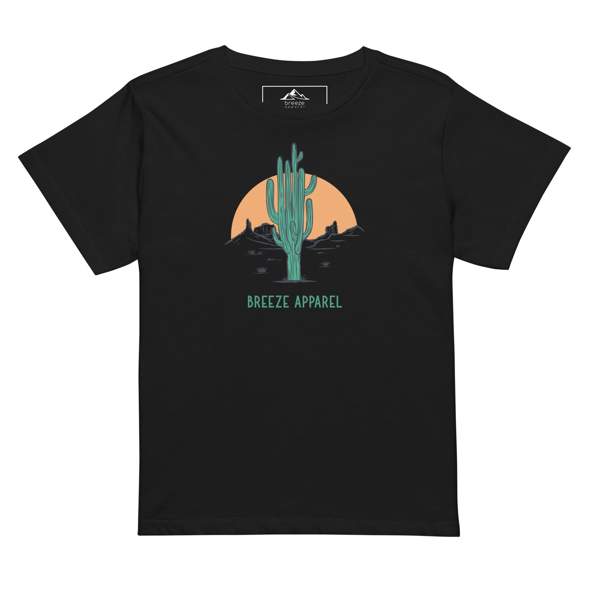 Black t-shirt with a graphic of a cactus and sunset, with 'Breeze Apparel' written in green below.