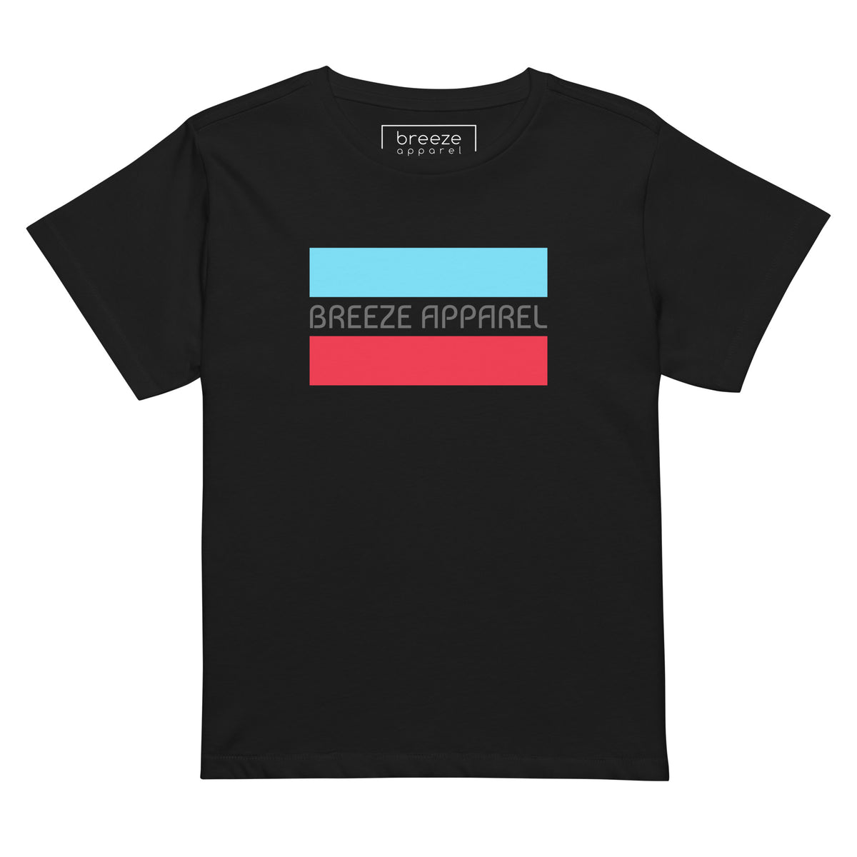 Black t-shirt with gray 'Breeze Apparel' logo between horizontal bars, the top being light blue and the bottom being red.