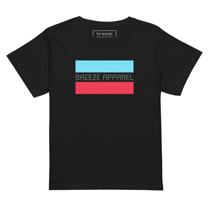 Black t-shirt with gray 'Breeze Apparel' logo between horizontal bars, the top being light blue and the bottom being red.