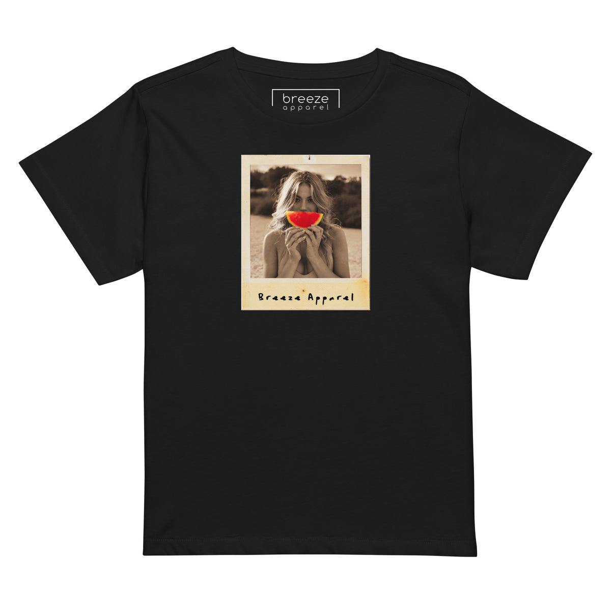 Black t-shirt with graphic of woman holding a watermelon slice in front of her mouth.