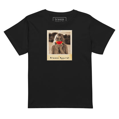 Black t-shirt with graphic of woman holding a watermelon slice in front of her mouth.