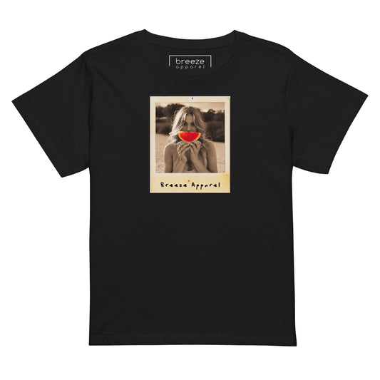 Black t-shirt with graphic of woman holding a watermelon slice in front of her mouth.