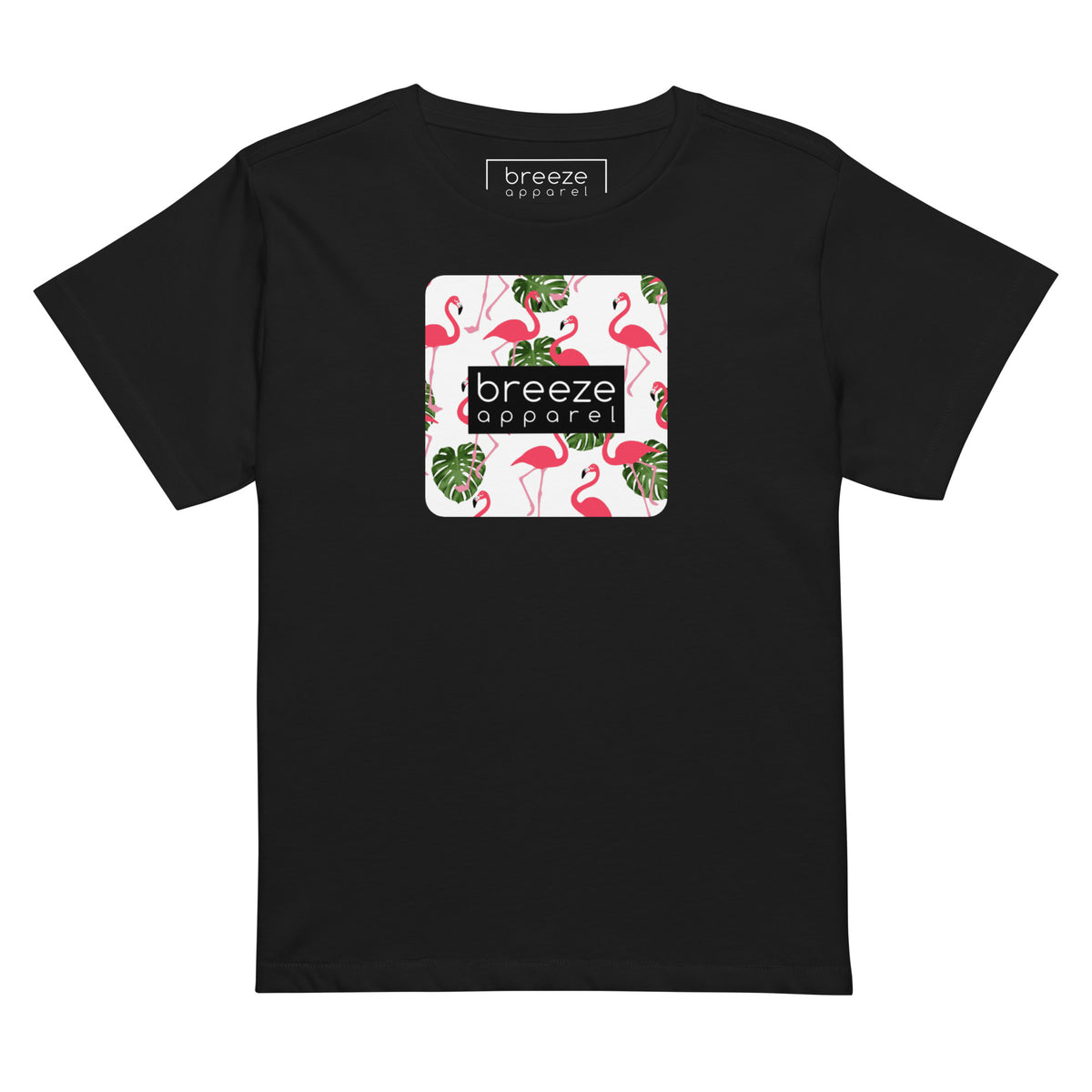 Black t-shirt with pattern of flamingos inside of a square, overlaid with a black box with 'breeze apparel' in white inside.