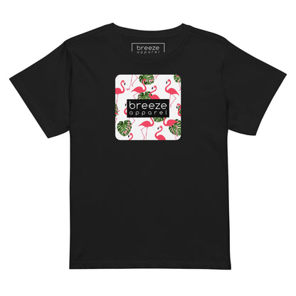 Black t-shirt with pattern of flamingos inside of a square, overlaid with a black box with 'breeze apparel' in white inside.