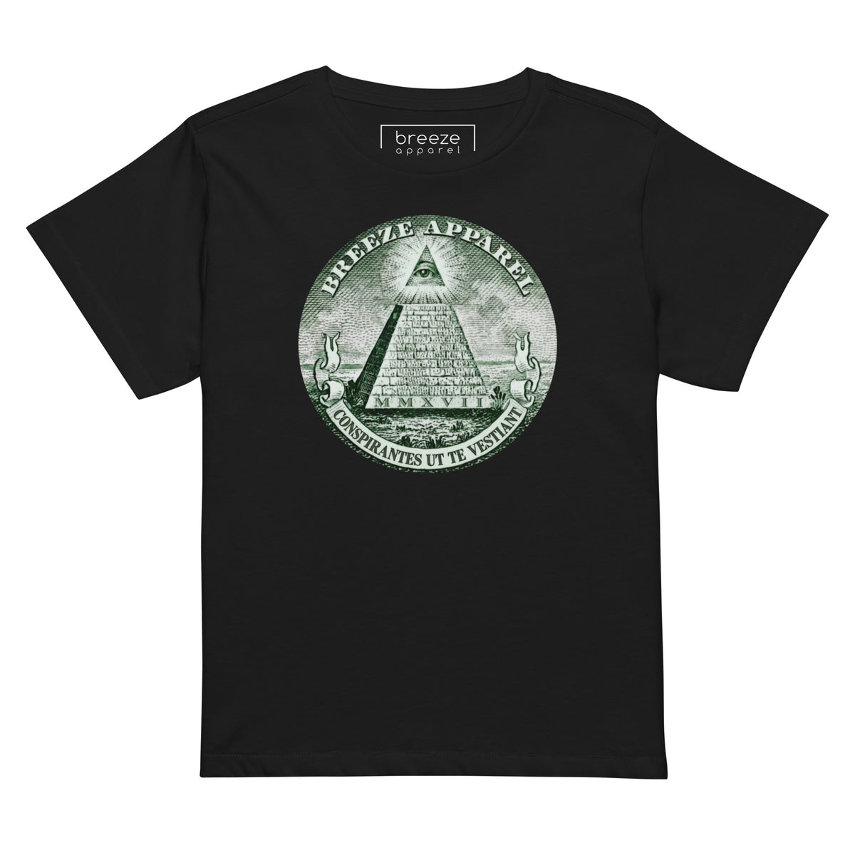 Black t-shirt with graphic resembling pyramid on US one-dollar bill.