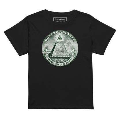 Black t-shirt with graphic resembling pyramid on US one-dollar bill.
