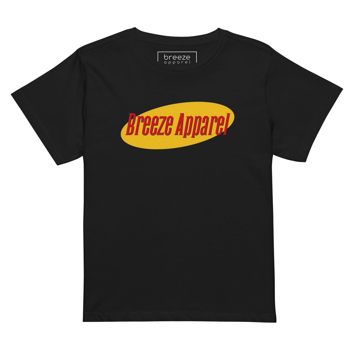 Black t-shirt with red lettering over yellow oval.