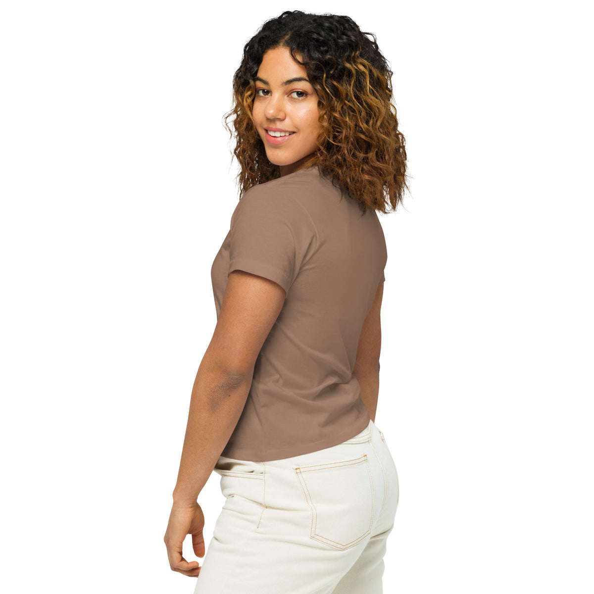 Side-rear view of woman wearing latte-brown t-shirt