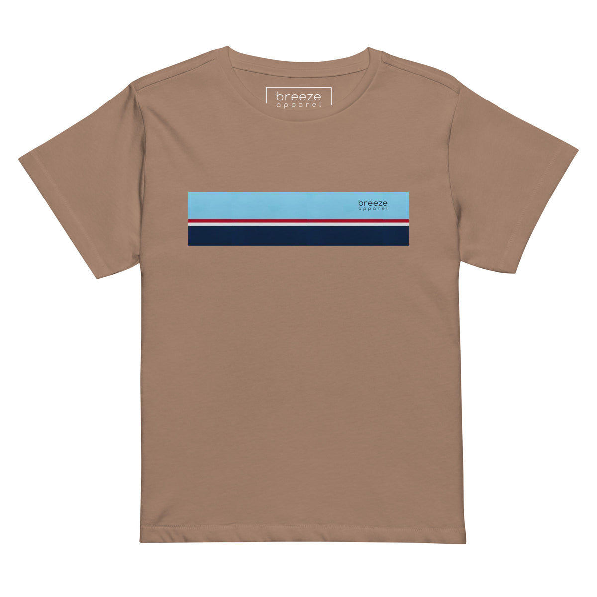 Latte-brown t-shirt with horizontal blue, red, white, and navy stripe with small black 'breeze apparel' logo.