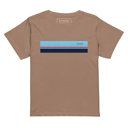 Latte-brown t-shirt with horizontal blue, red, white, and navy stripe with small black 'breeze apparel' logo.