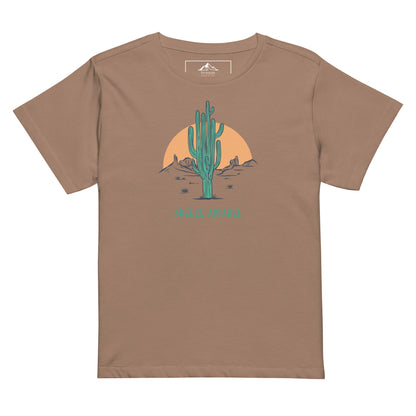 Latte-brown t-shirt with a graphic of a cactus and sunset, with 'Breeze Apparel' written in green below.