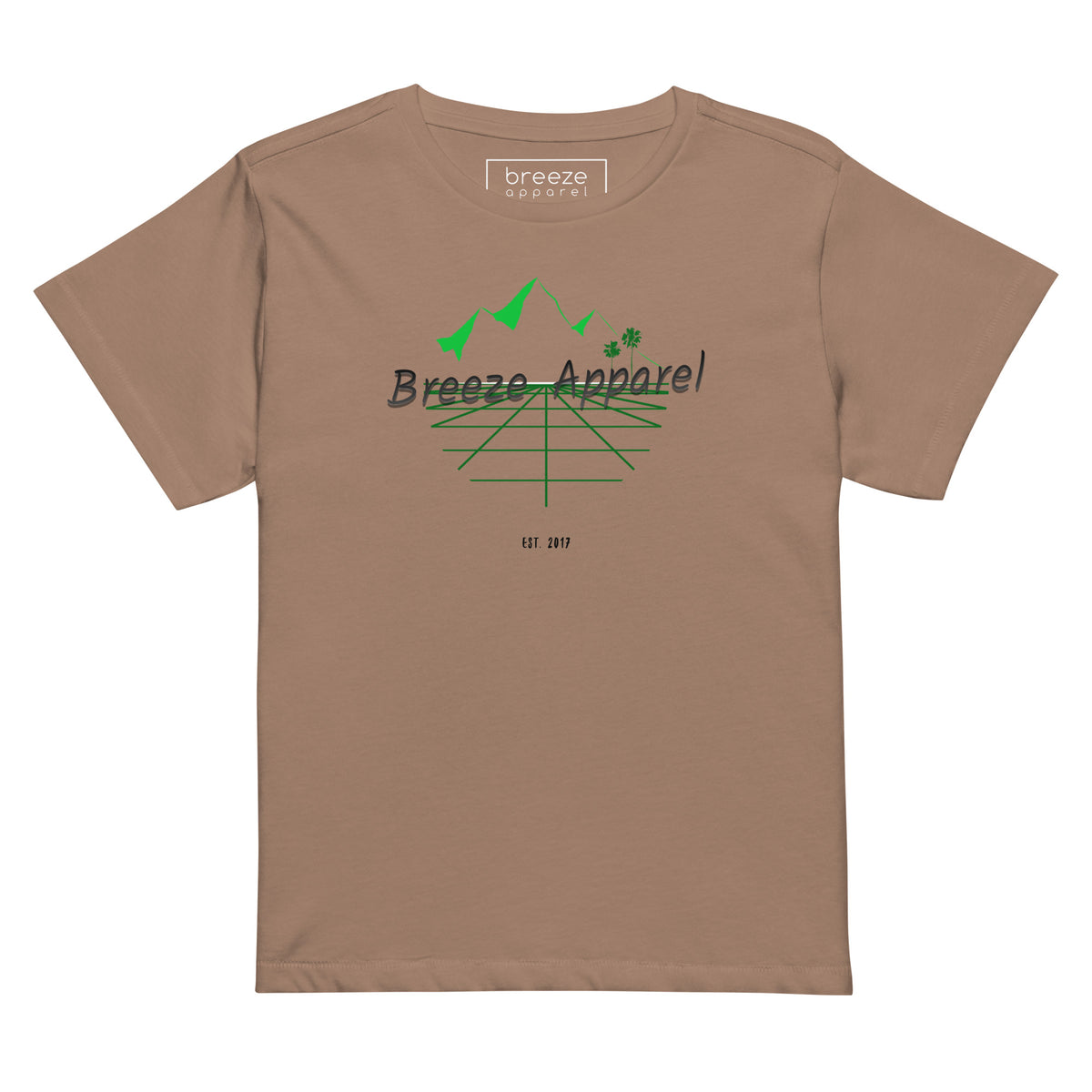 Latte-brown t-shirt with 'Breeze Apparel' logo set on a graphic of a grid, palm trees, and mountains.
