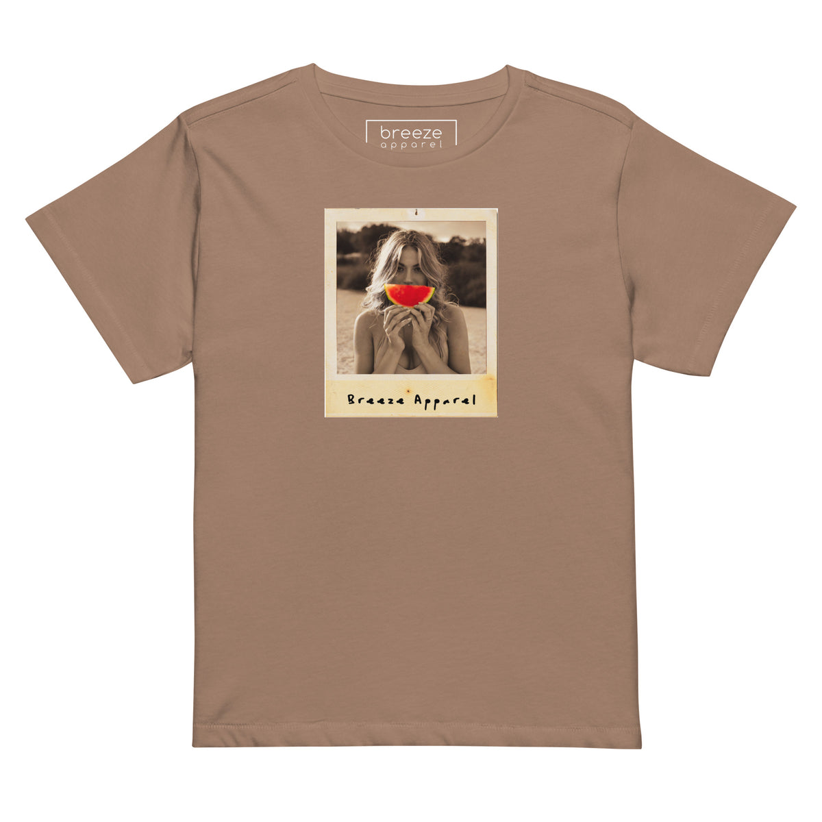 Brown t-shirt with graphic of woman holding a watermelon slice in front of her mouth.