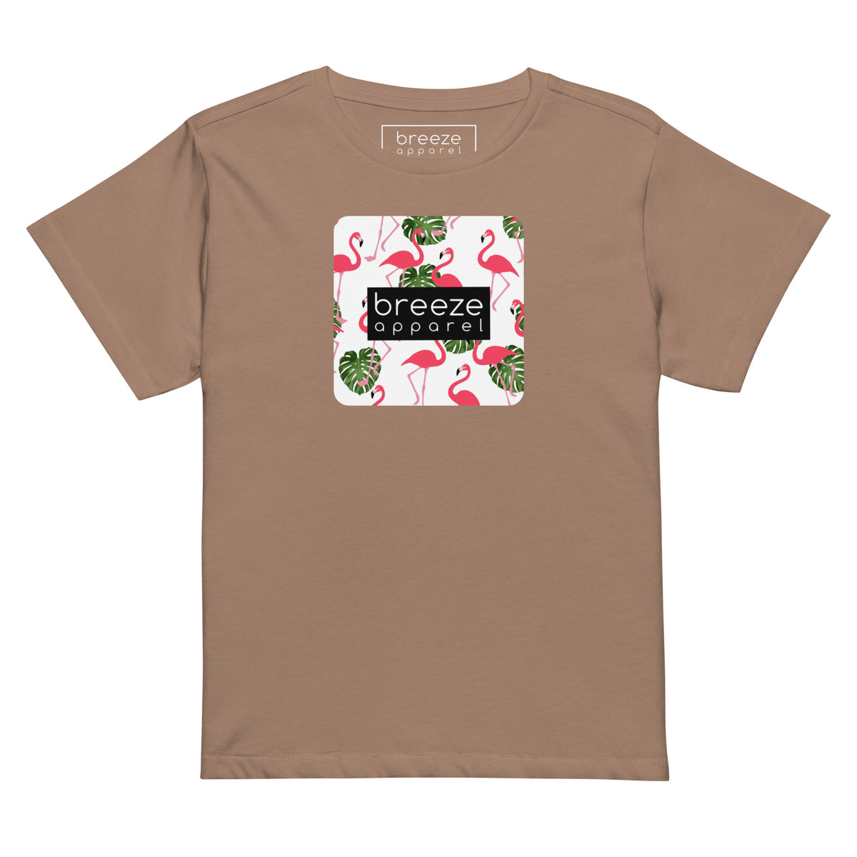 Brown t-shirt with pattern of flamingos inside of a square, overlaid with a black box with 'breeze apparel' in white inside.