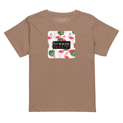 Brown t-shirt with pattern of flamingos inside of a square, overlaid with a black box with 'breeze apparel' in white inside.